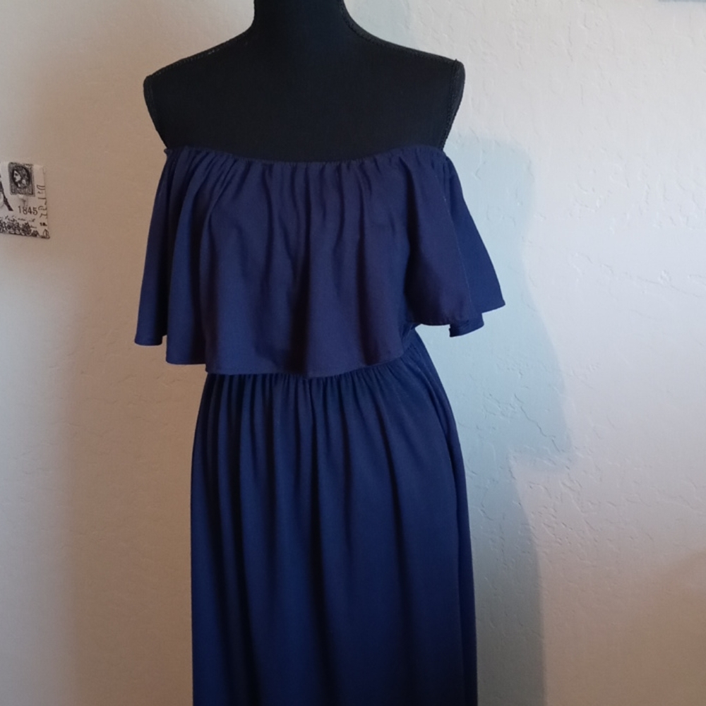 Thanth Navy Blue Off the Shoulder Maxi Sundress
